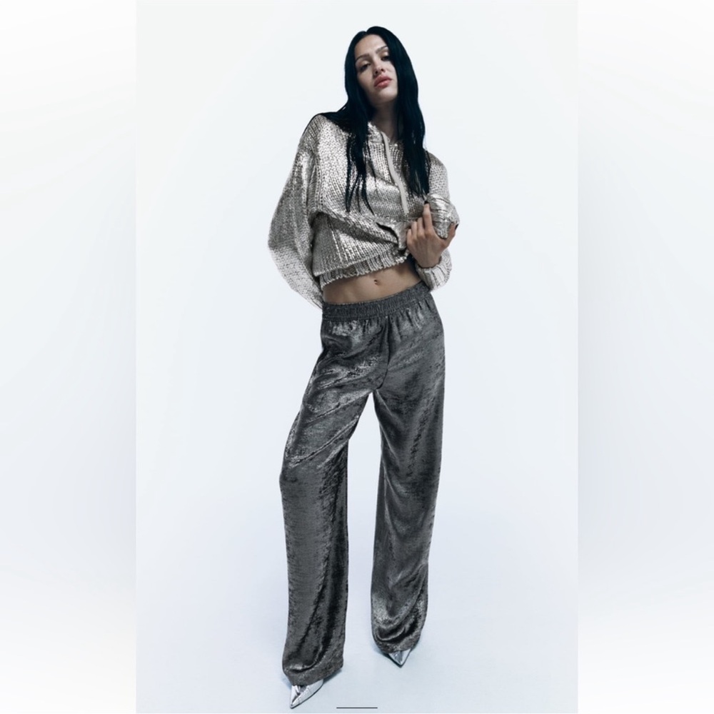 Zara Large Silver foil straight leg Pant With Pockets Stretchy Waistband NWT